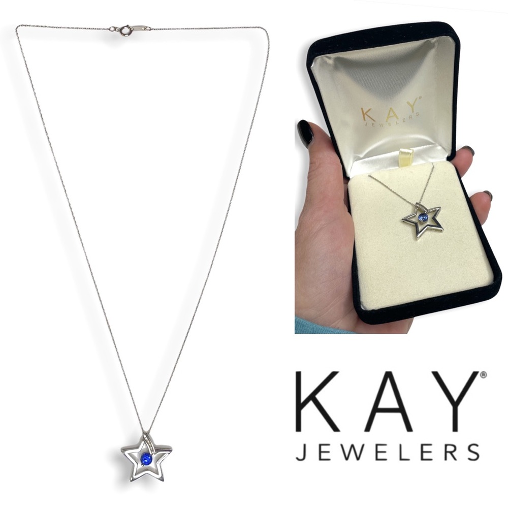 Kay Jewelers Star Necklace White Gold Diamond Lab Sapphire 18” Chain In Gift Box